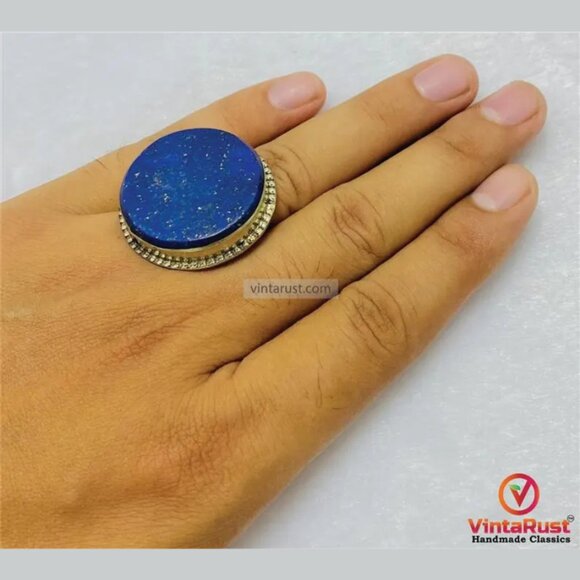 Round Lapis Lazuli Stone Ring: Unisex Gemstone Ring For Gift - Picture 1 of 6